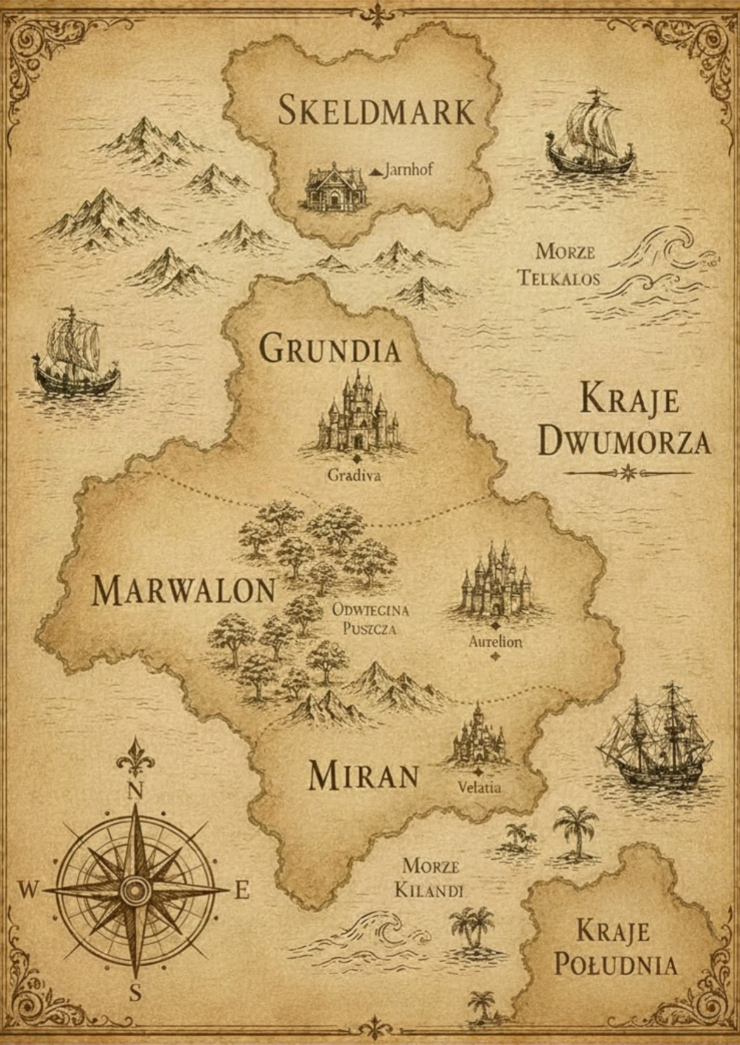 Mapa Krain Dwumorza z krainami Skeldmark, Grundia, Marwalon, Miran i Krajami Południa